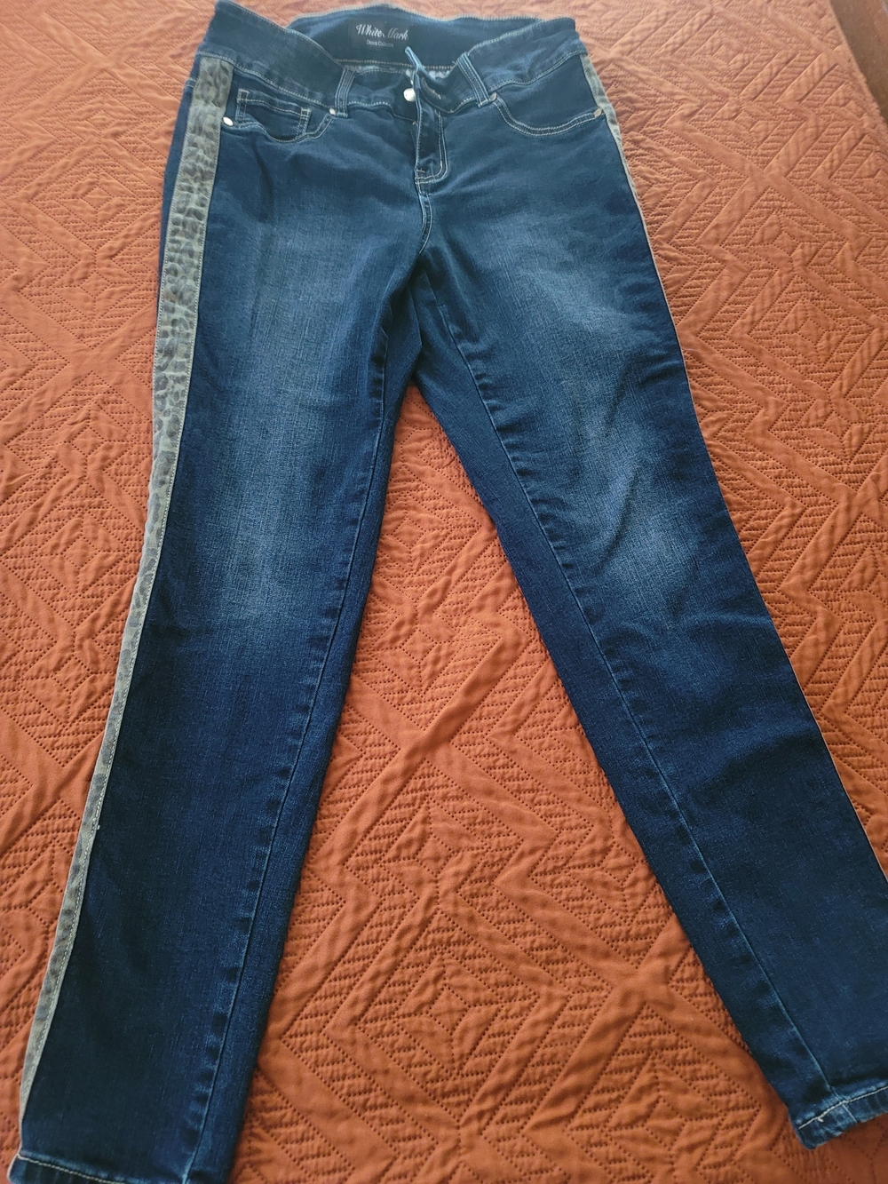 White Mark Dark Blue Skinny Jeans leopard print stripe down the side